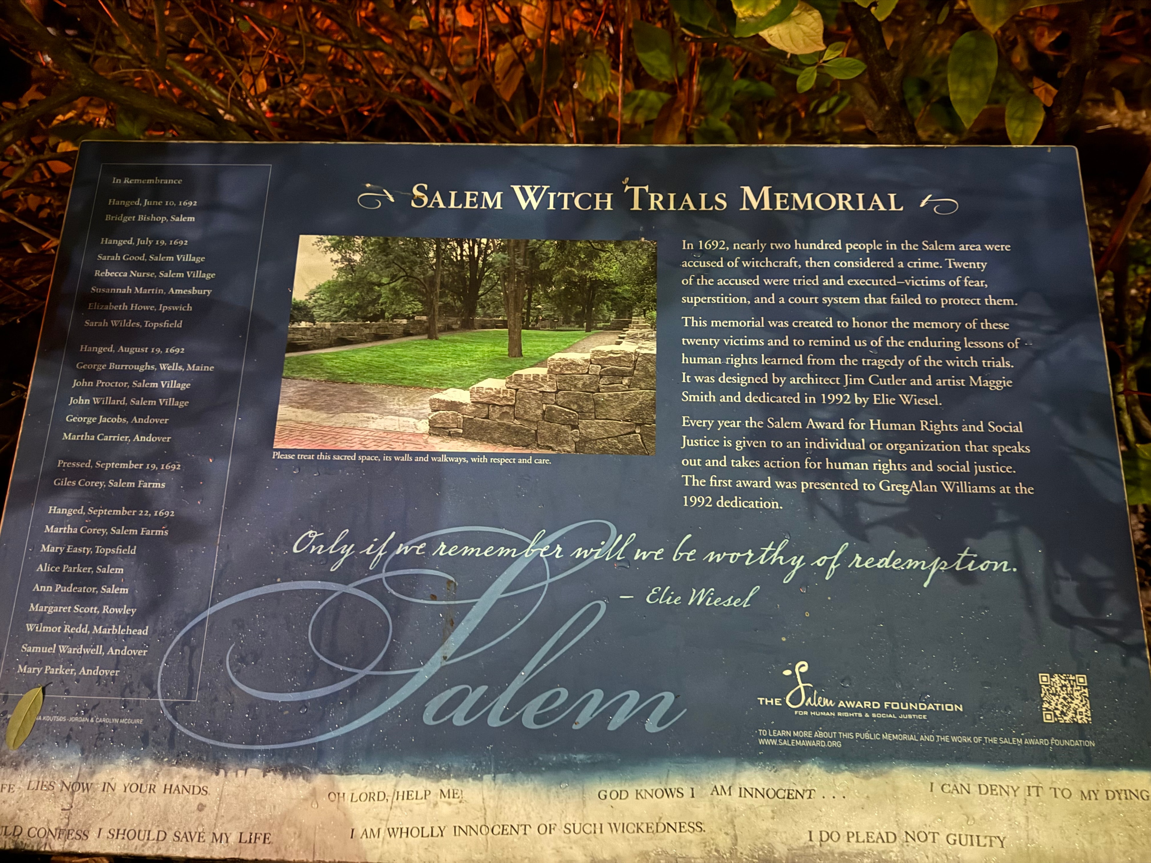 Salem Witch Trials Memorial plaque